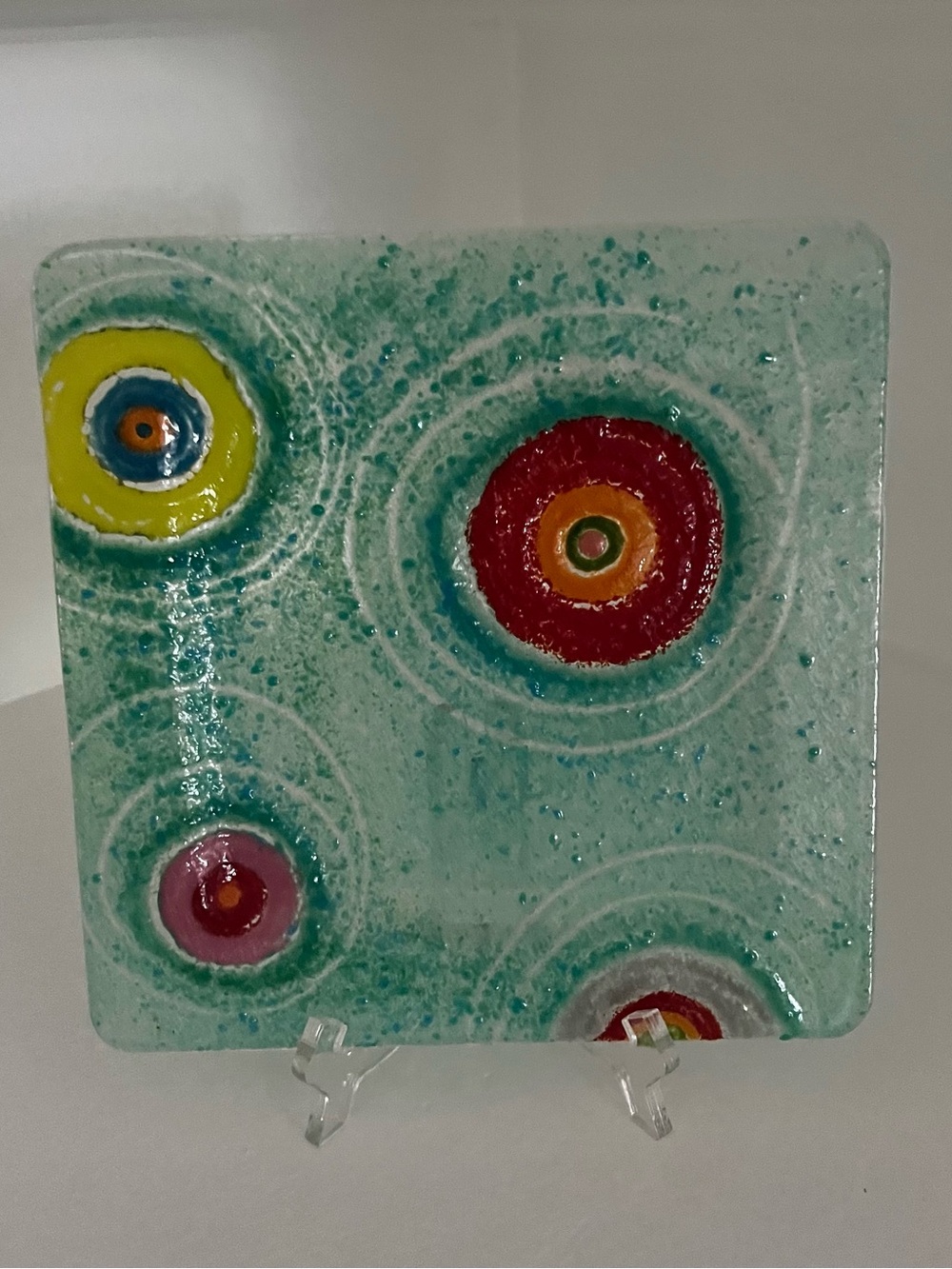 Aqua Glass Art Plate with Multicolor Concentric Discs